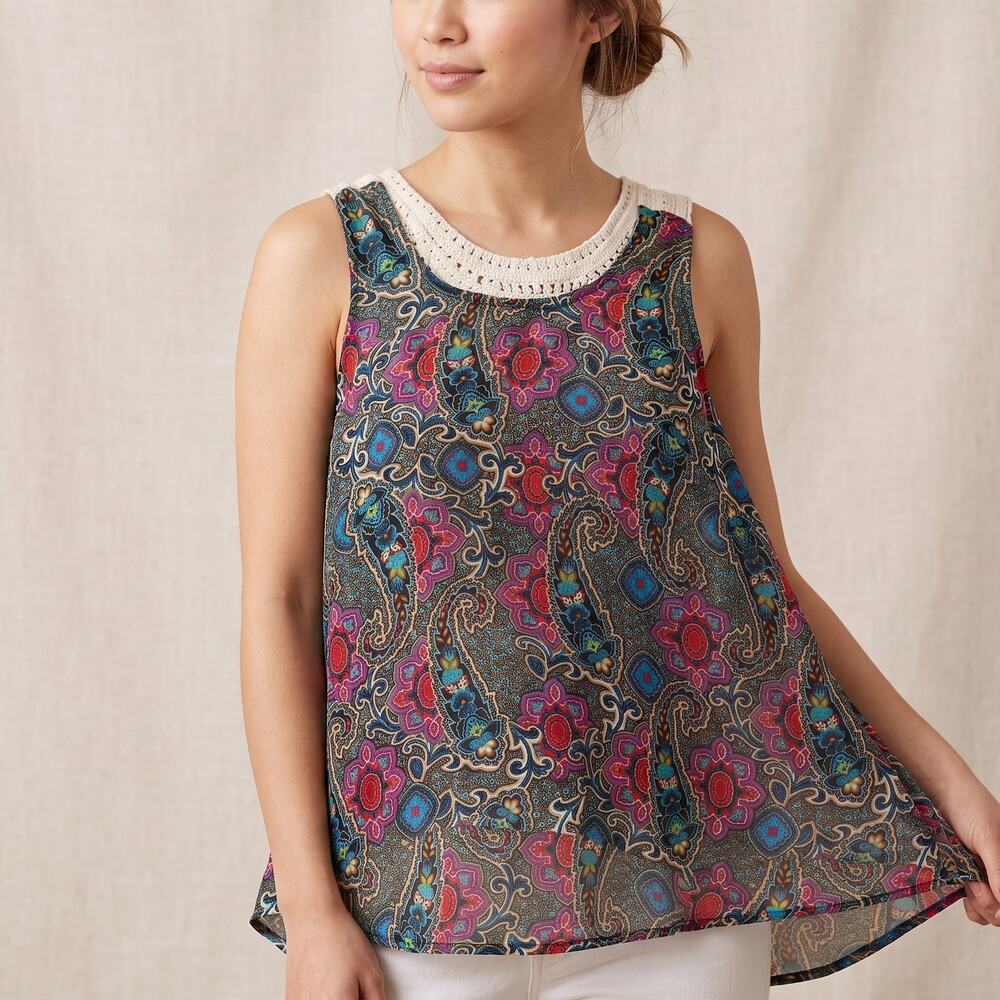 Self Contrast Women's Tank Top Paisley Crochet Back Boho High Low XS